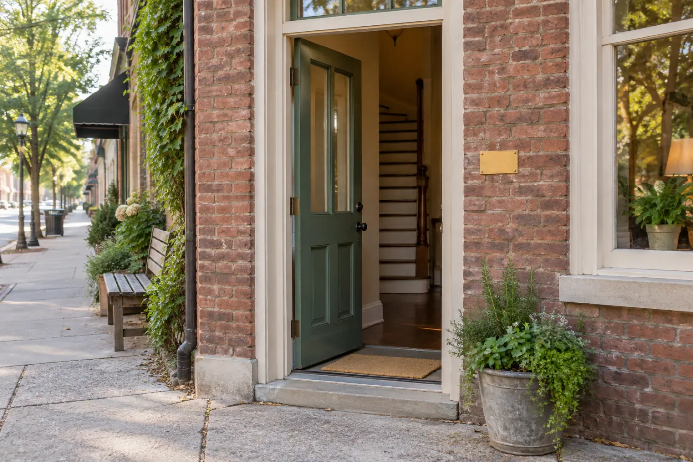 The street door: a green painted door standing open onto a staircase, a small blank brass plate on the brick beside it, a doormat, a planter of herbs on the pavement.