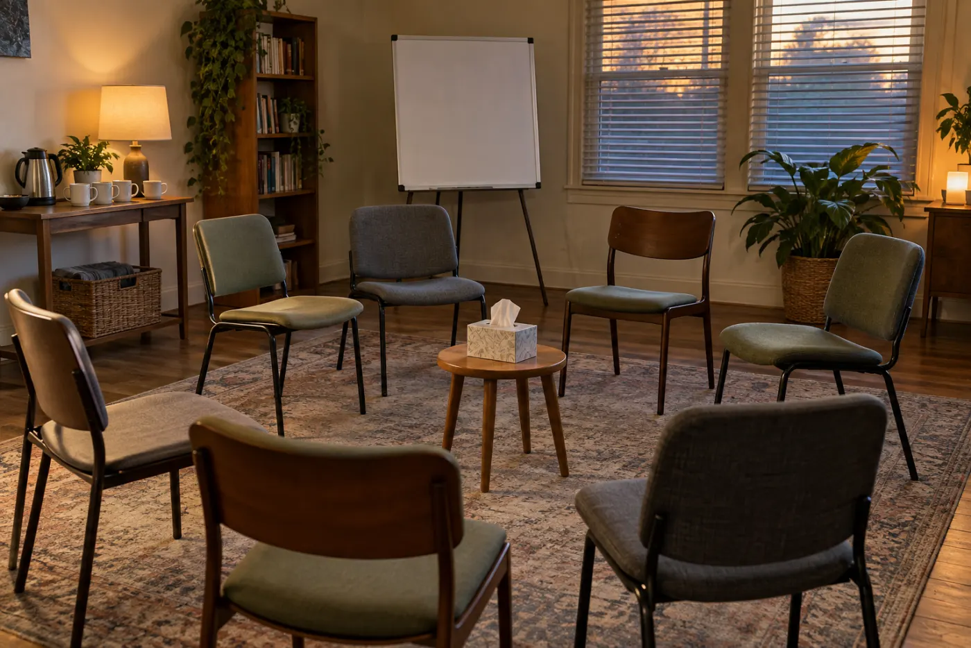 The group room: eight chairs in a loose circle on a worn rug, a box of tissues on a stool in the middle, a blank whiteboard on an easel, a kettle and mugs on a side table.