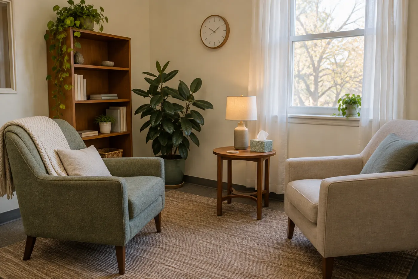 A counseling room: two armchairs at an angle, a small table with a lamp and tissues, a rubber plant, a bookshelf, a sheer curtain over a bright window.