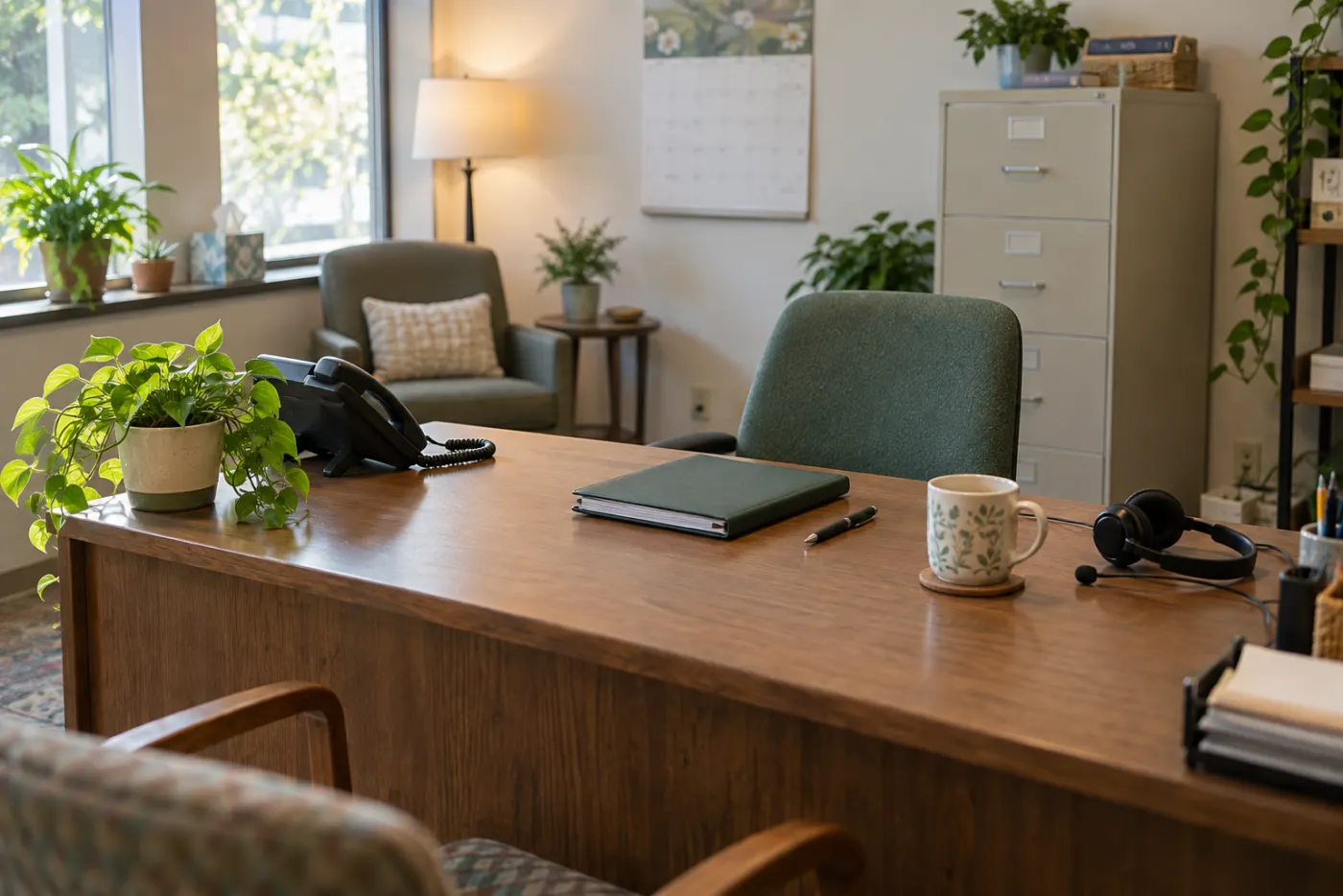 The front-office desk: a landline phone, a closed green appointment book, a pen, a mug, a headset, a small plant, a filing cabinet behind.