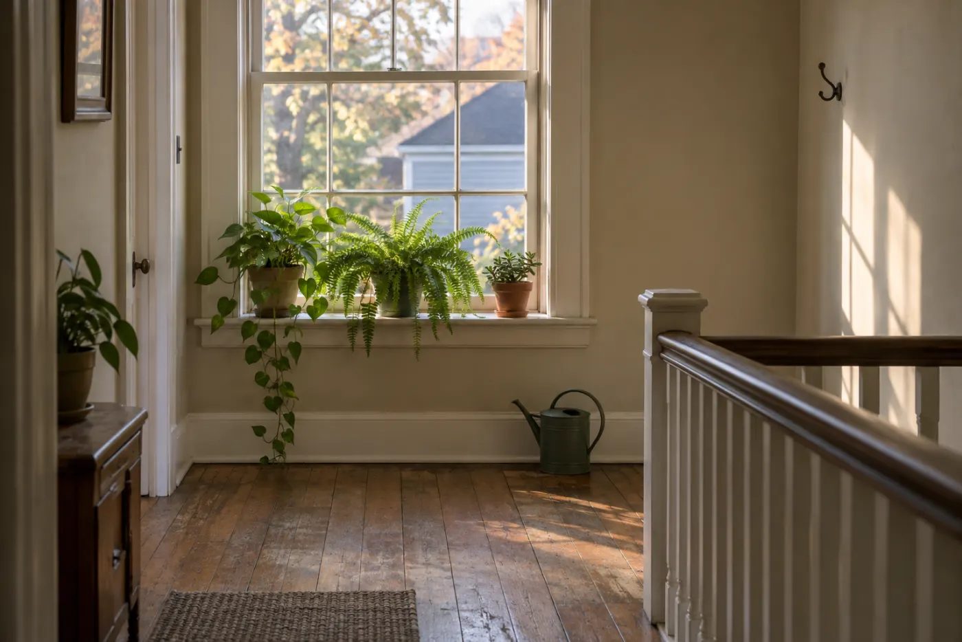 A second-floor hallway window with a row of potted plants on the sill, a watering can on old floorboards, a wooden banister and an empty coat hook.